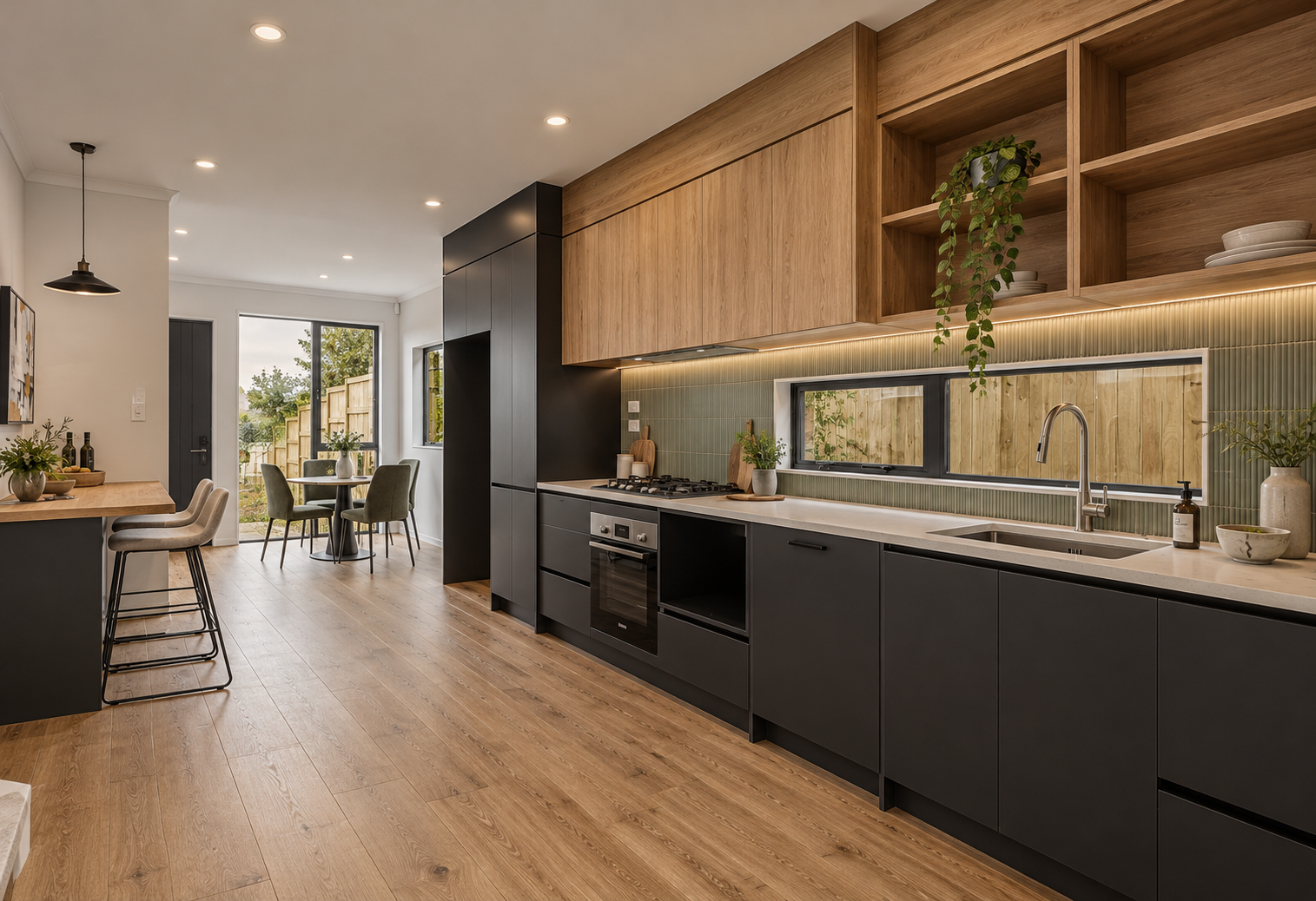 Kitchen with timber shelving and breakfast bar